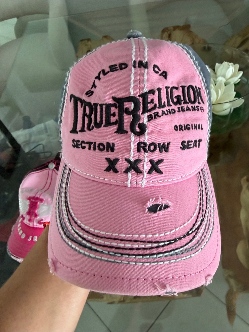 True Religion Pink & Gray Embroidered Logo Baseball Cap